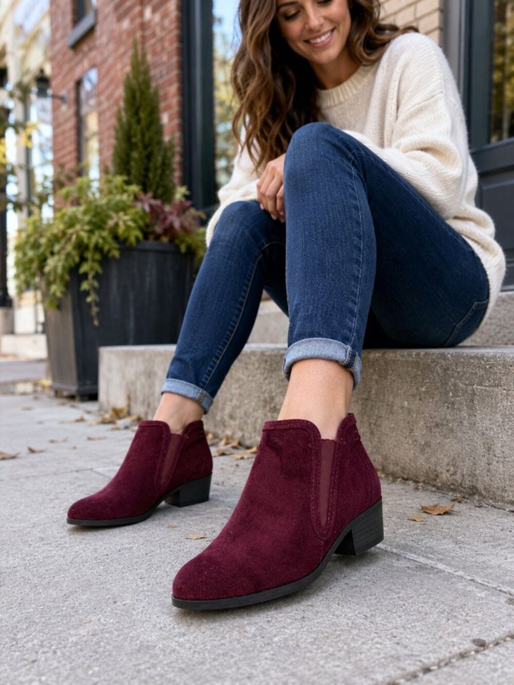 Maurices Womens Bridget Ankle Booties 8 Burgundy Slip-On Closed Toe Suede Casual